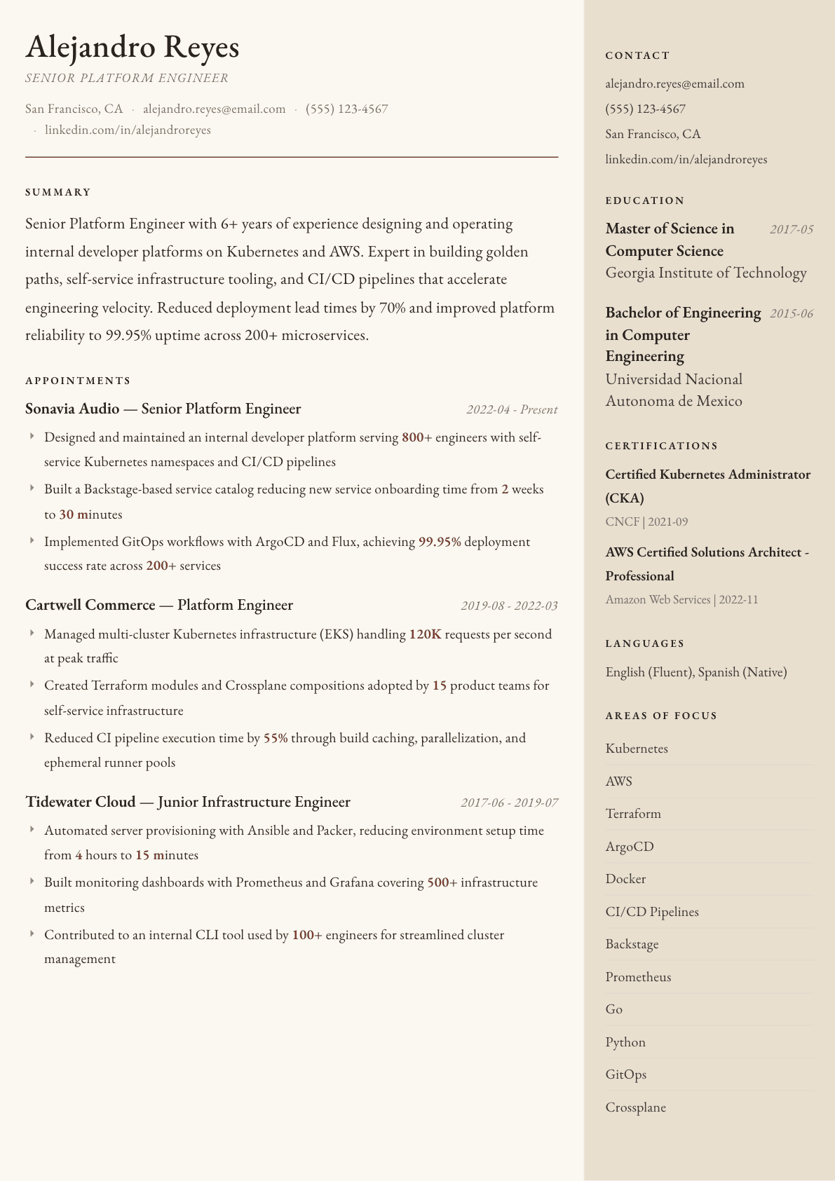 Platform Engineer resume example, Manuscript template