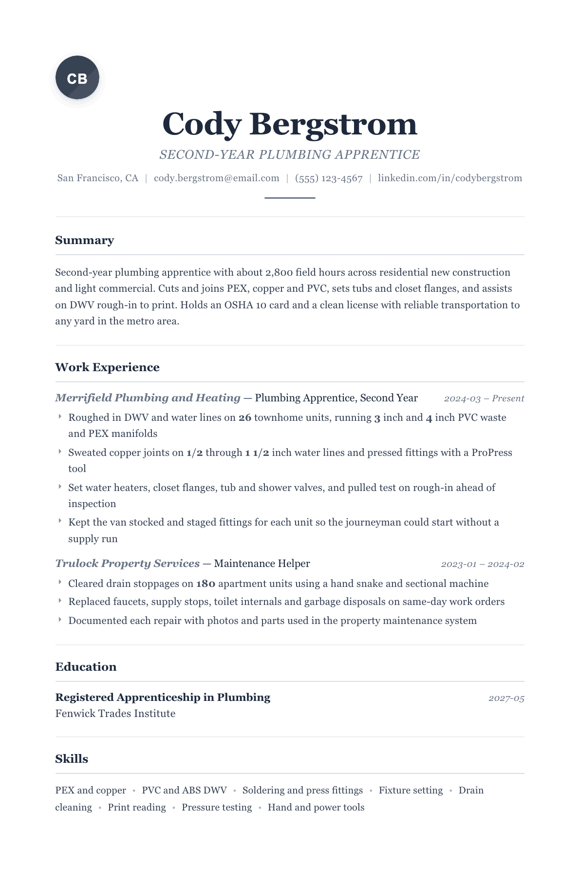 Plumber Apprentice resume example, Classic template