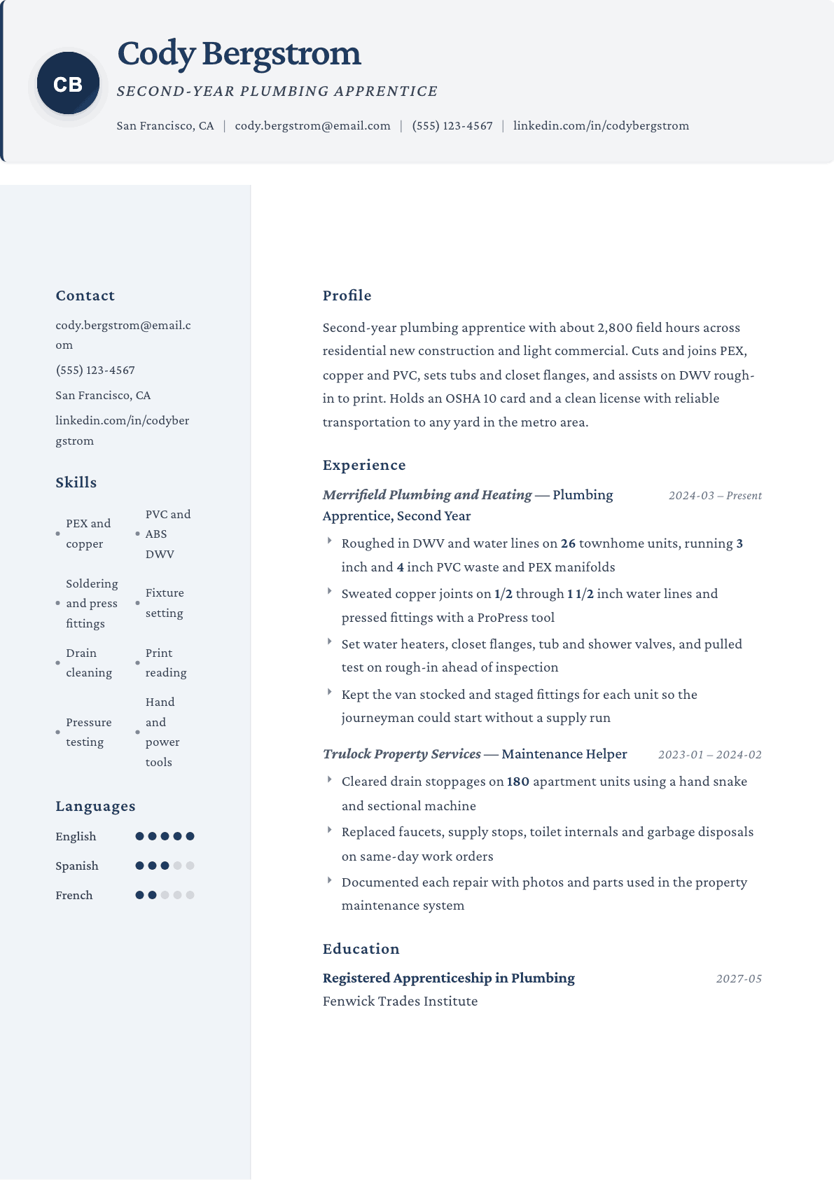 Plumber Apprentice resume example, Formal template