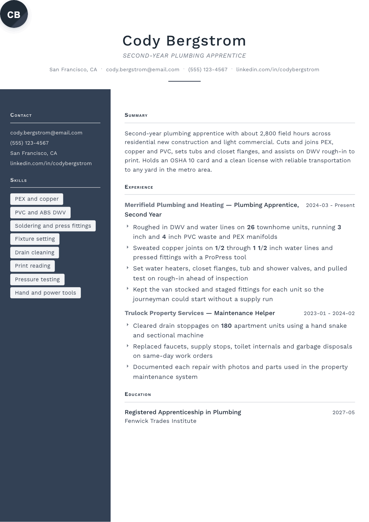 Plumber Apprentice resume example, Fold template