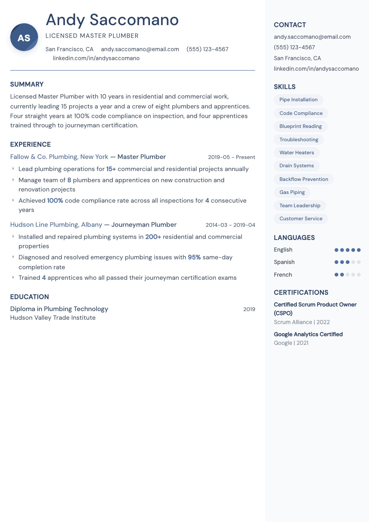 Plumber resume example, Kernel template