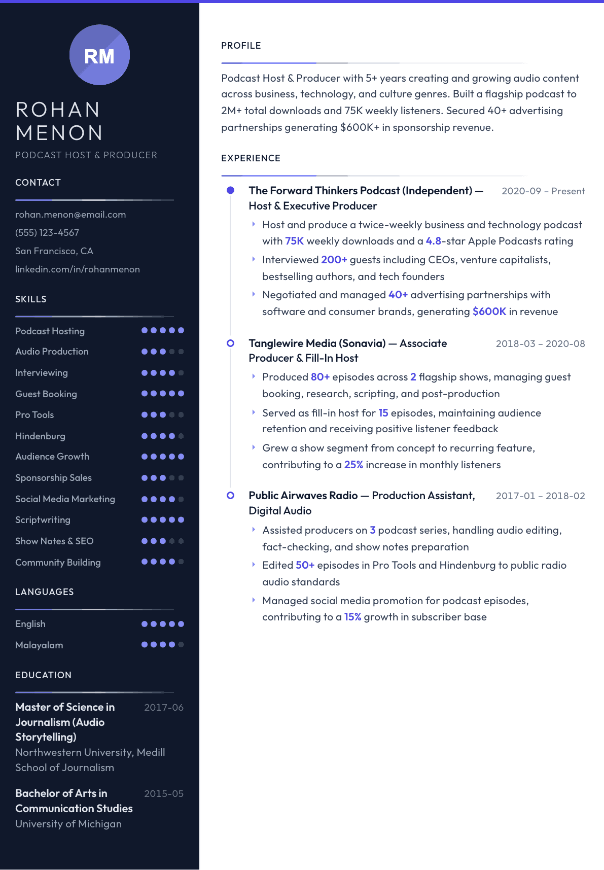 Podcast Host resume example, Zenith template