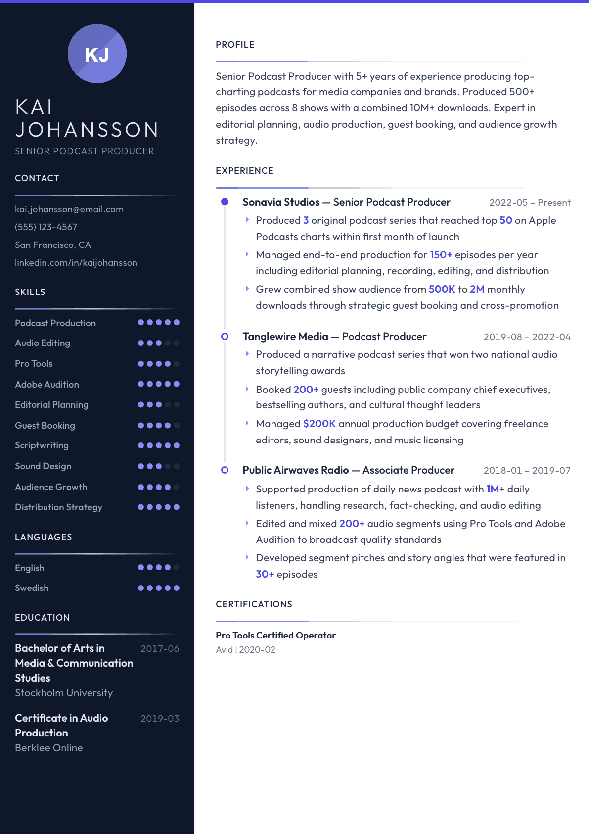 Podcast Producer resume example, Zenith template