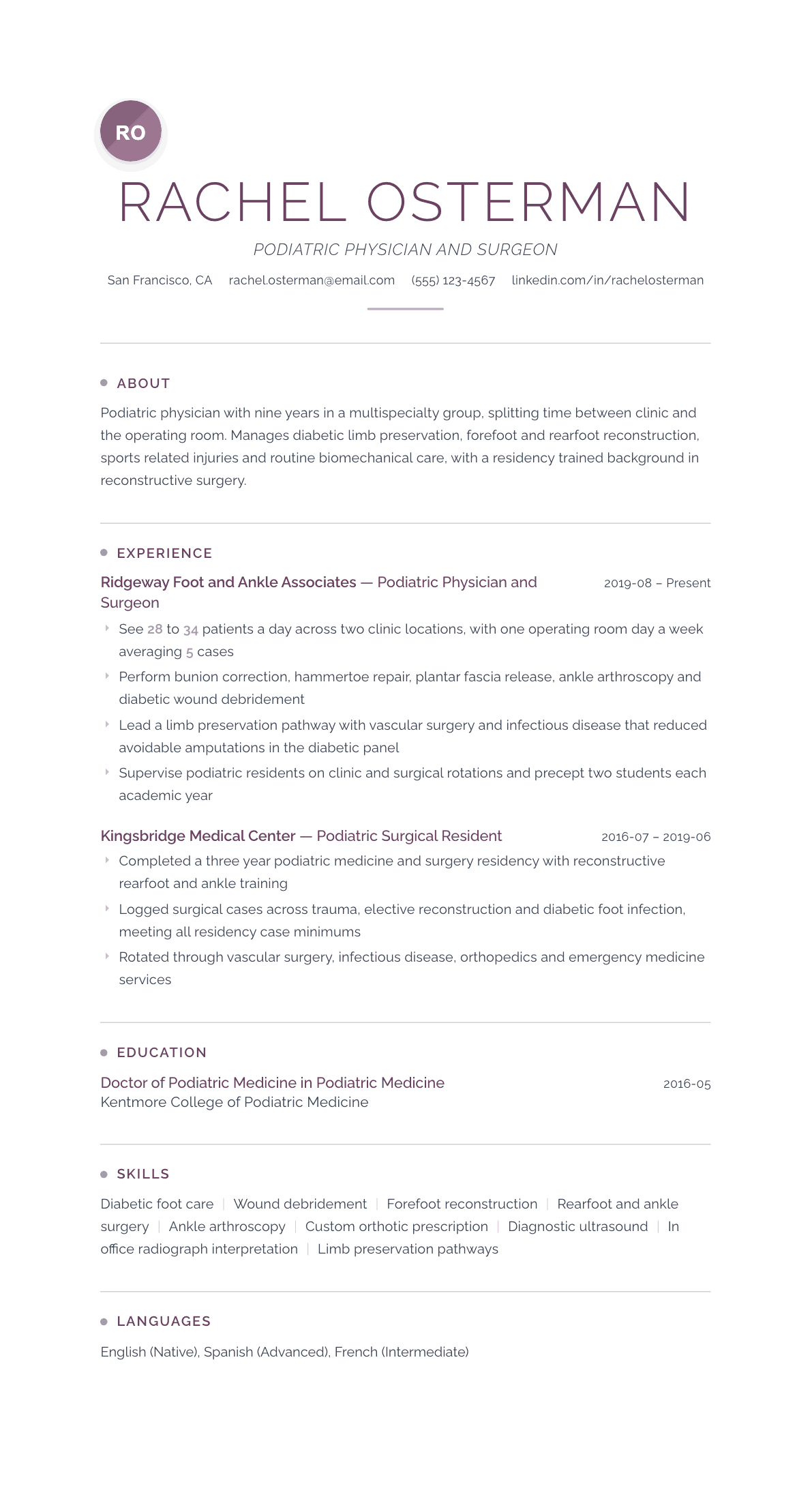 Podiatrist resume example, Serenity template