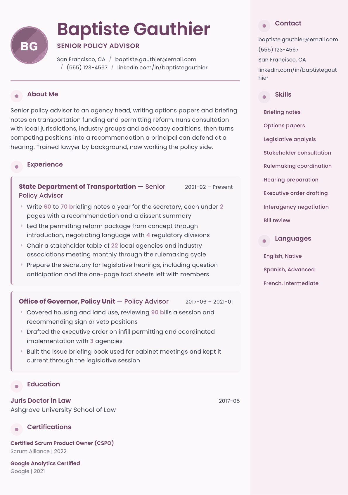 Policy Advisor resume example, Bloom template