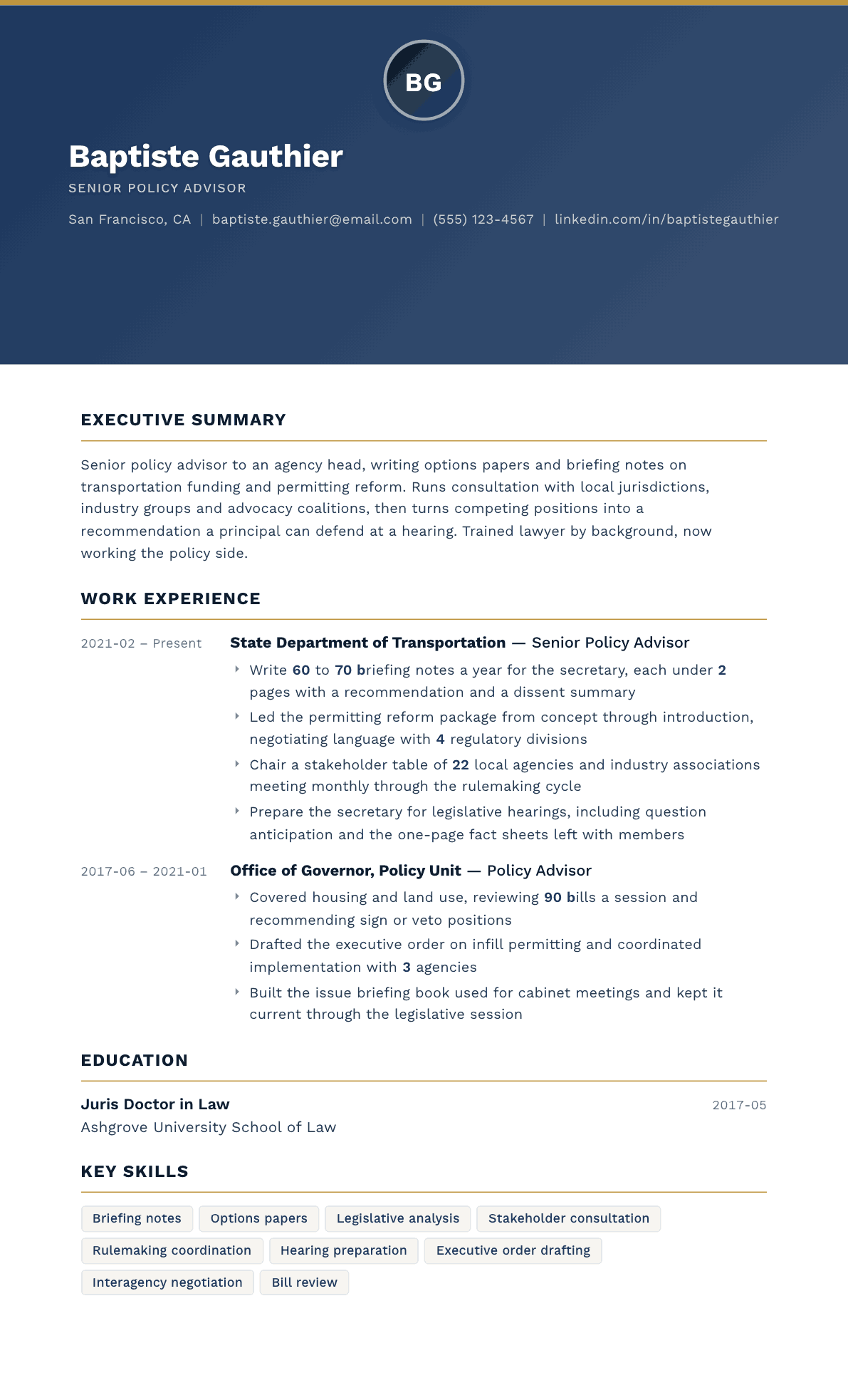 Policy Advisor resume example, Sovereign template