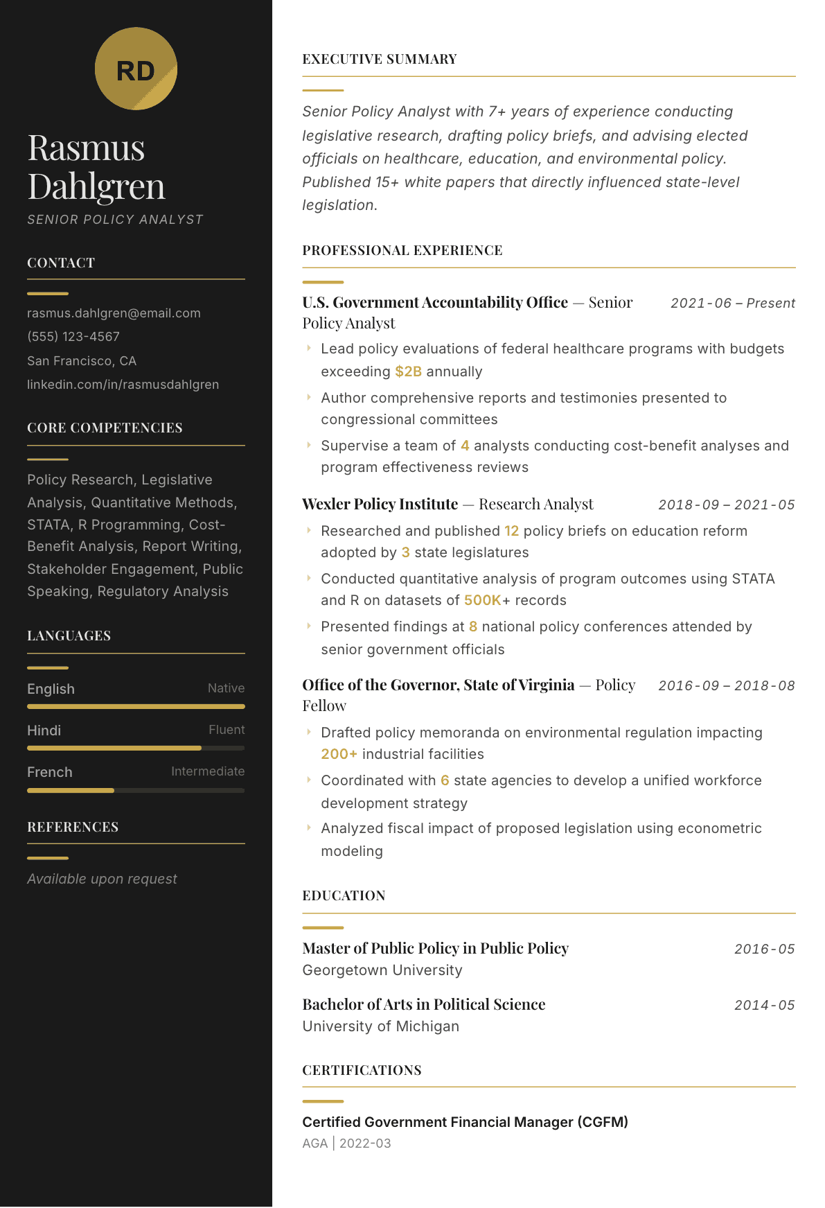 Policy Analyst resume example, Ink & Gold template
