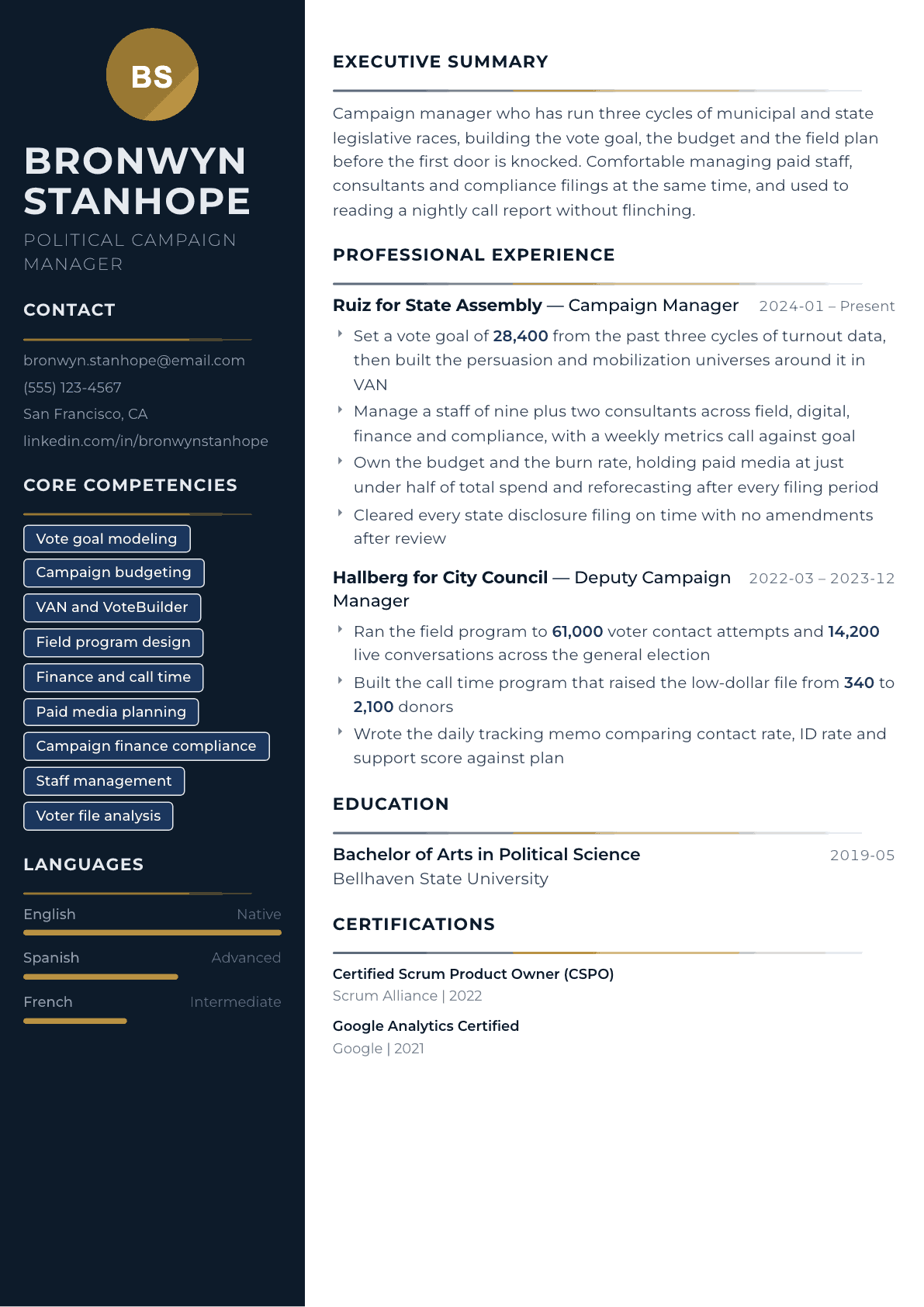 Political Campaign Manager resume example, Catalyst template