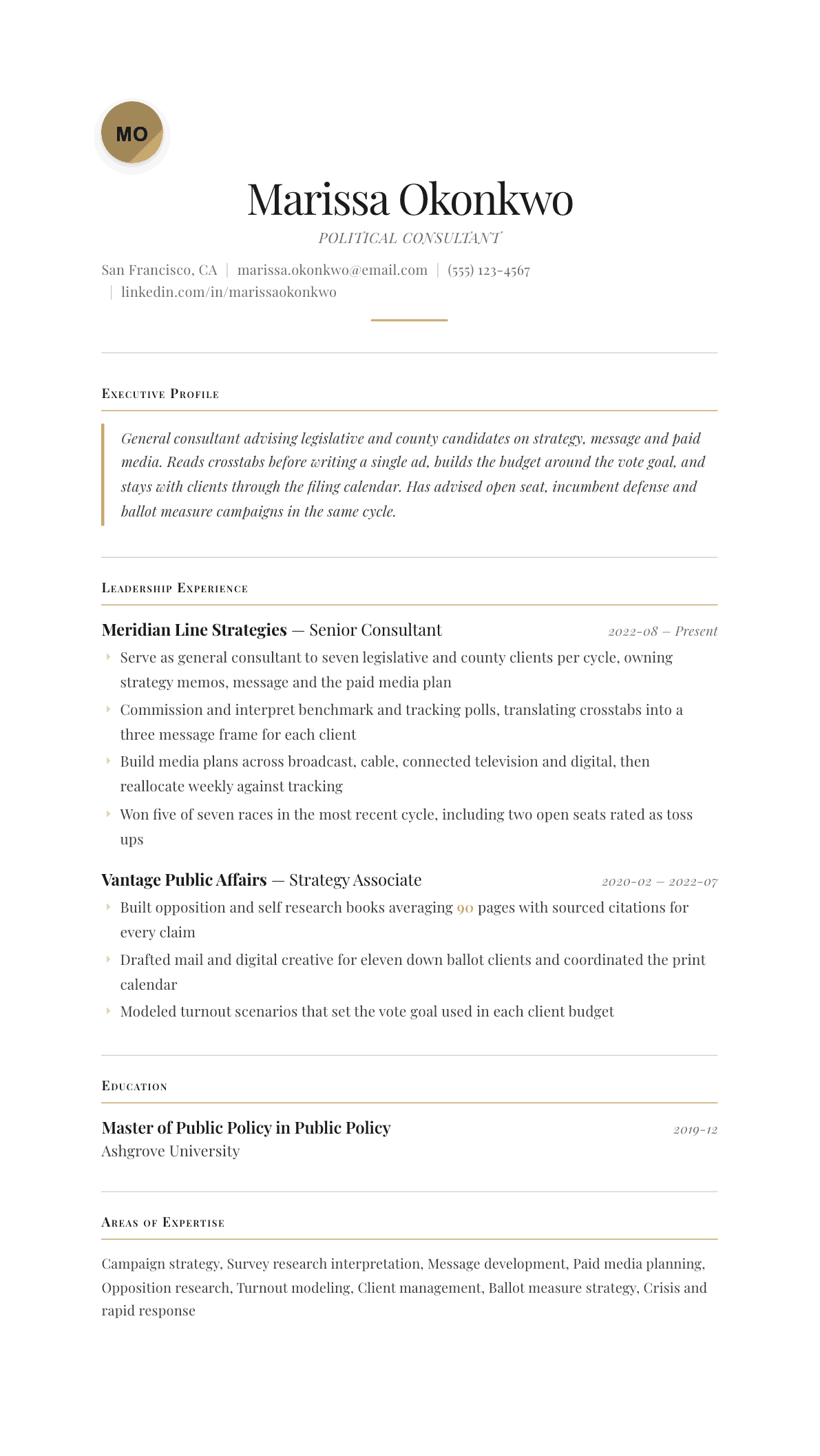 Political Consultant resume example, Chancellor template