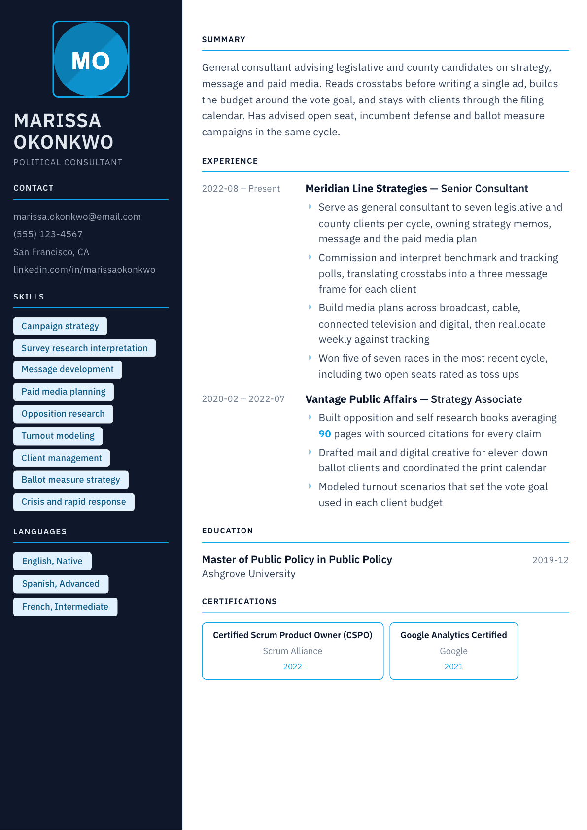 Political Consultant resume example, Everest template