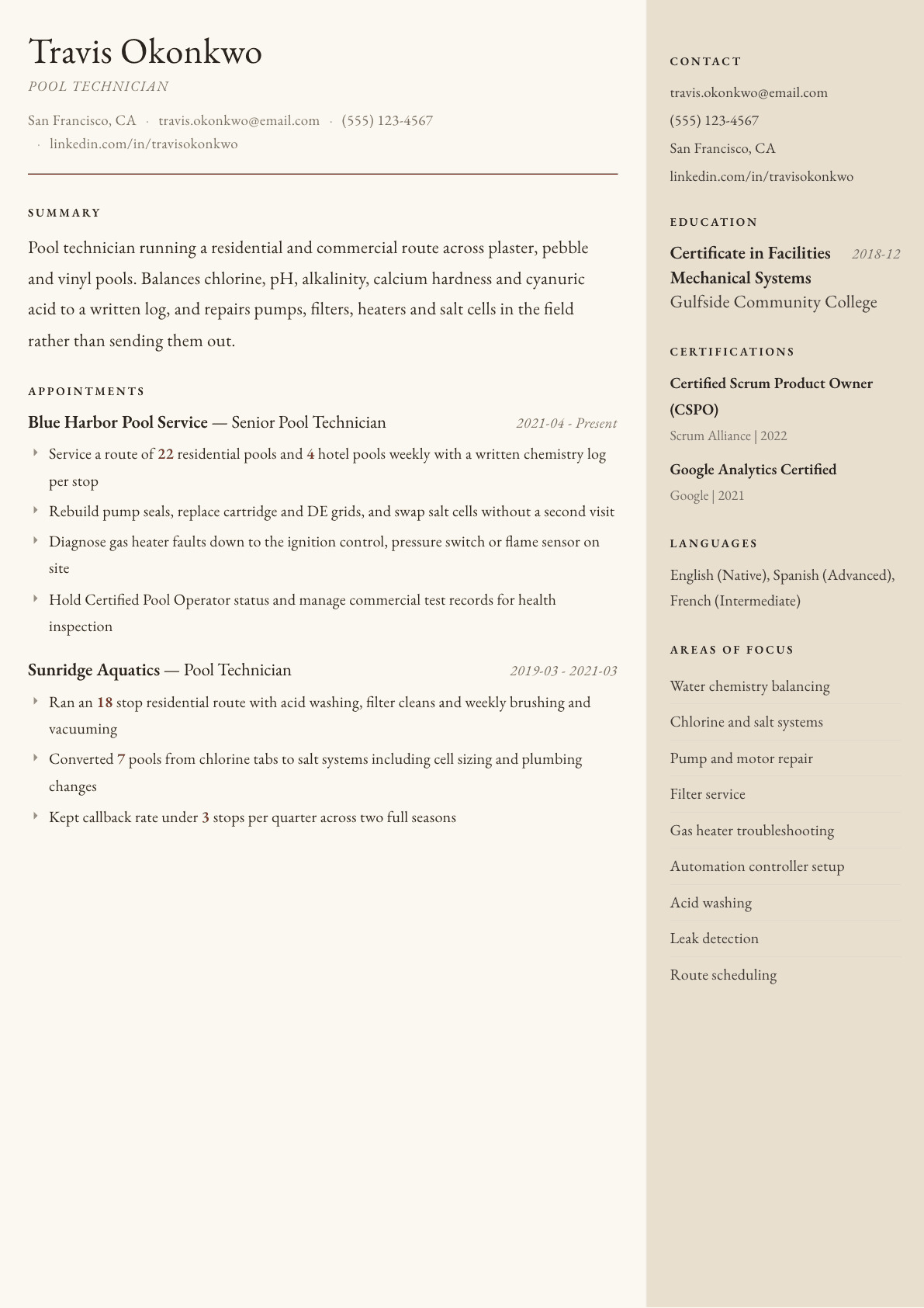 Pool Technician resume example, Manuscript template