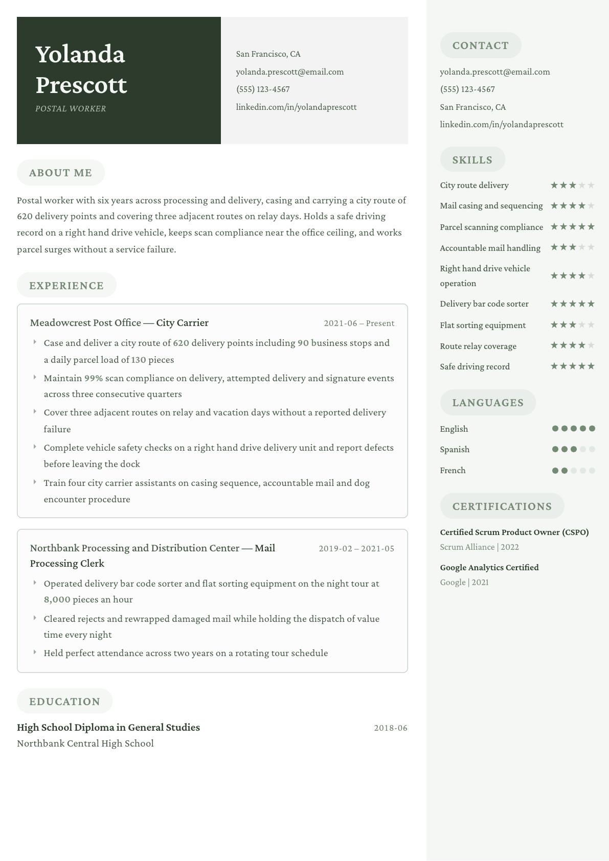 Postal Worker resume example, Mayfair template