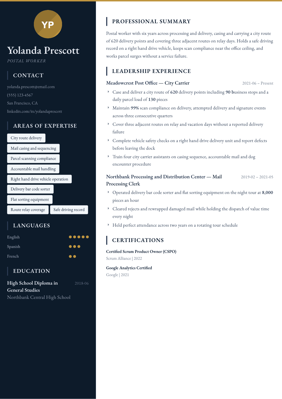 Postal Worker resume example, Presidio template