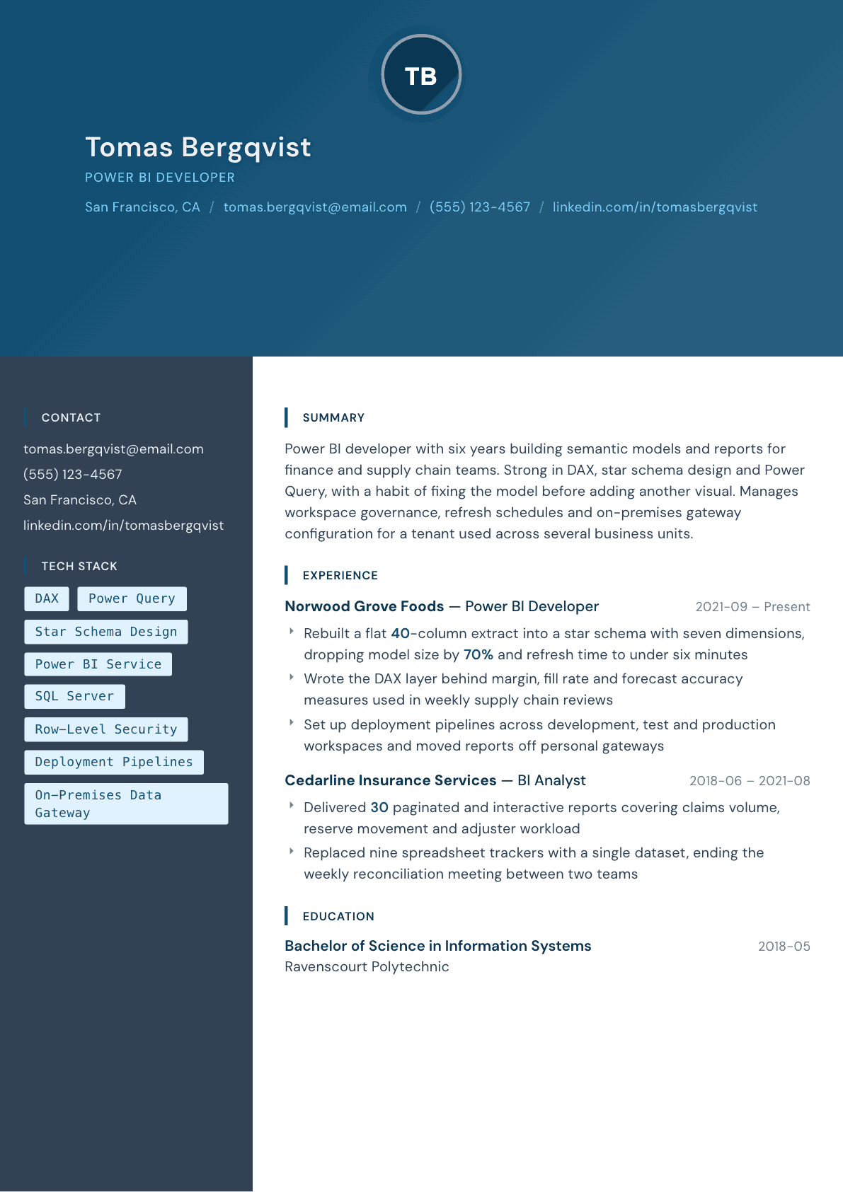 Power BI Developer resume example, Prism template