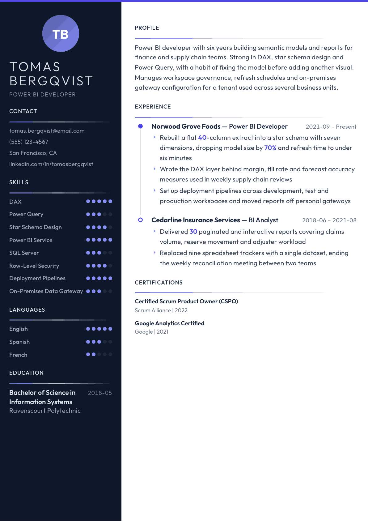 Power BI Developer resume example, Zenith template