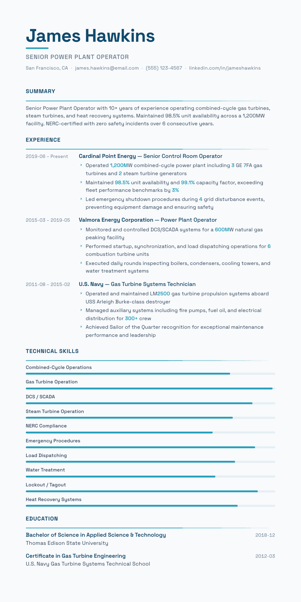 Power Plant Operator resume example, Velocity template