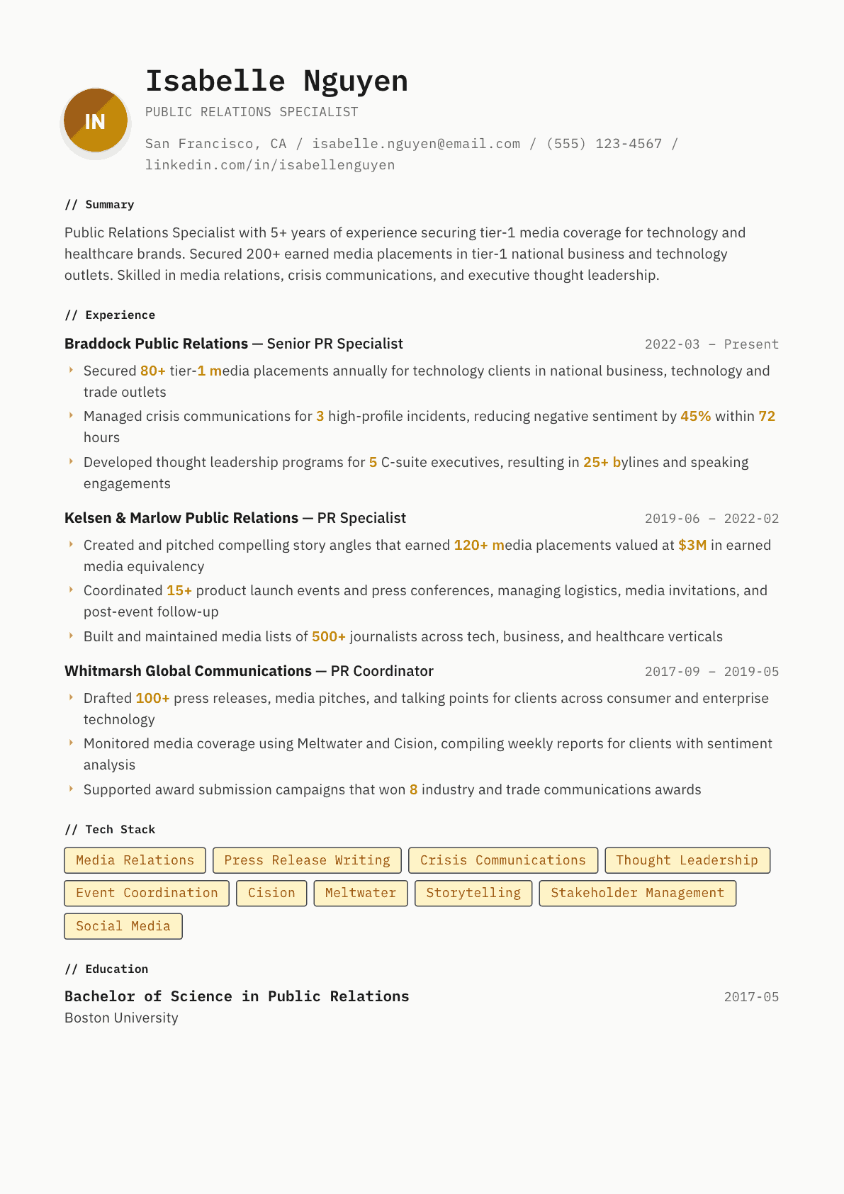 PR Specialist resume example, Inkwell template