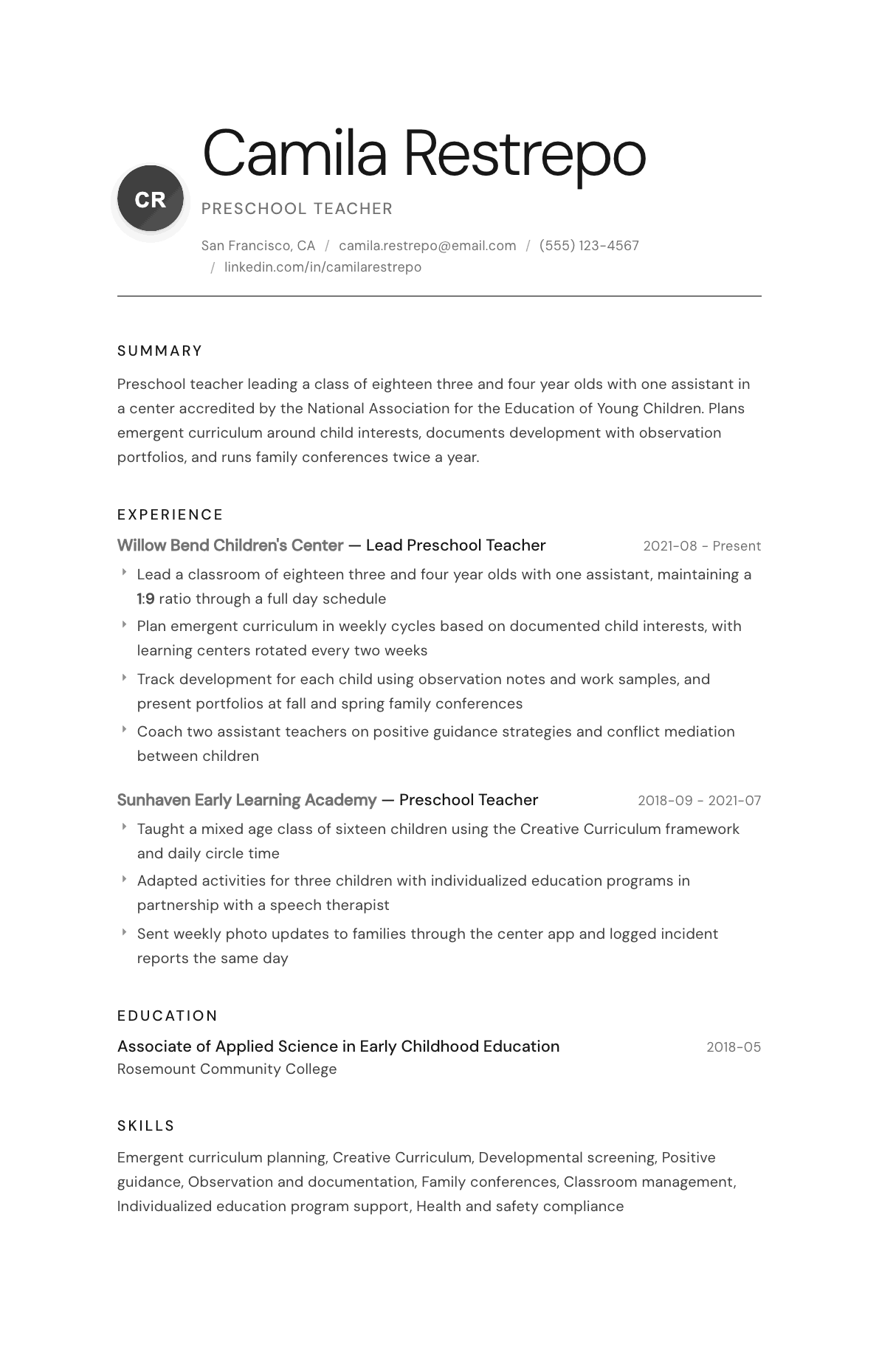 Preschool Teacher resume example, Whisper template