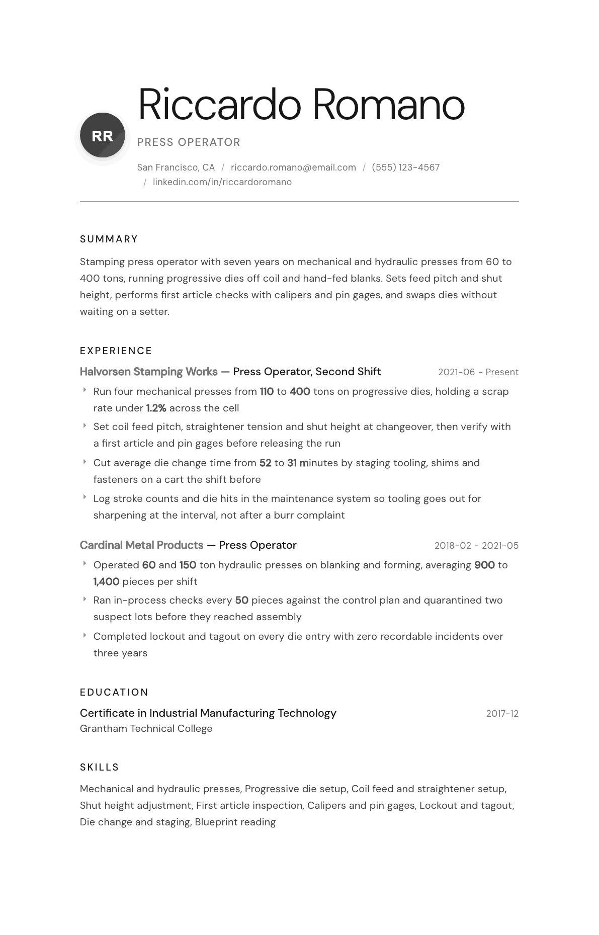 Press Operator resume example, Whisper template