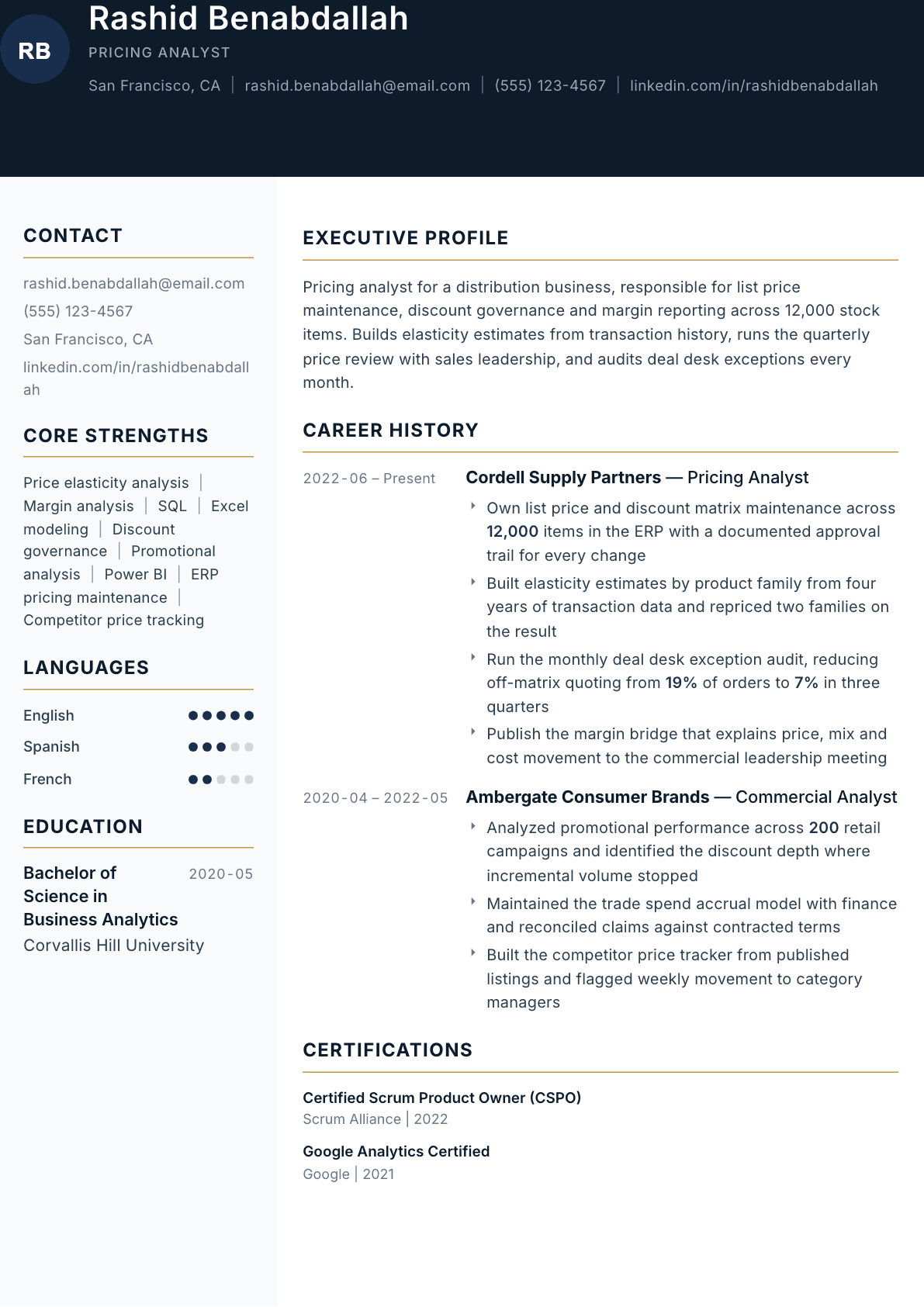 Pricing Analyst resume example, Consulate template