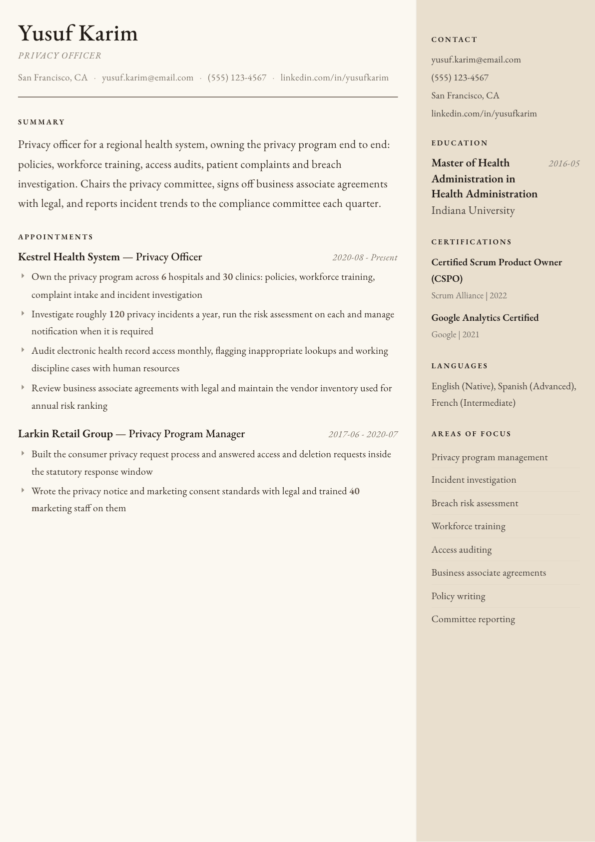 Privacy Officer resume example, Manuscript template