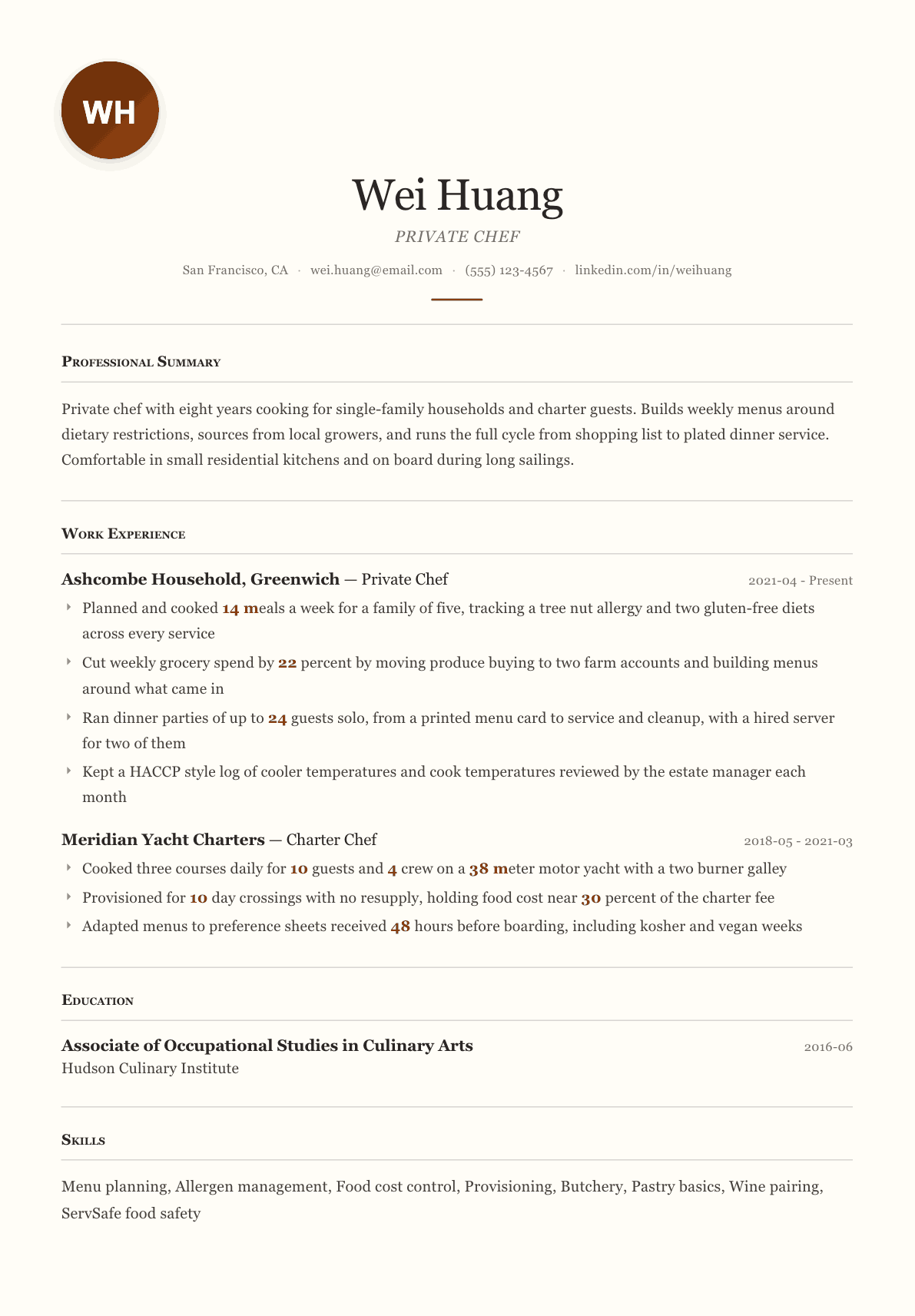 Private Chef resume example, Paris template