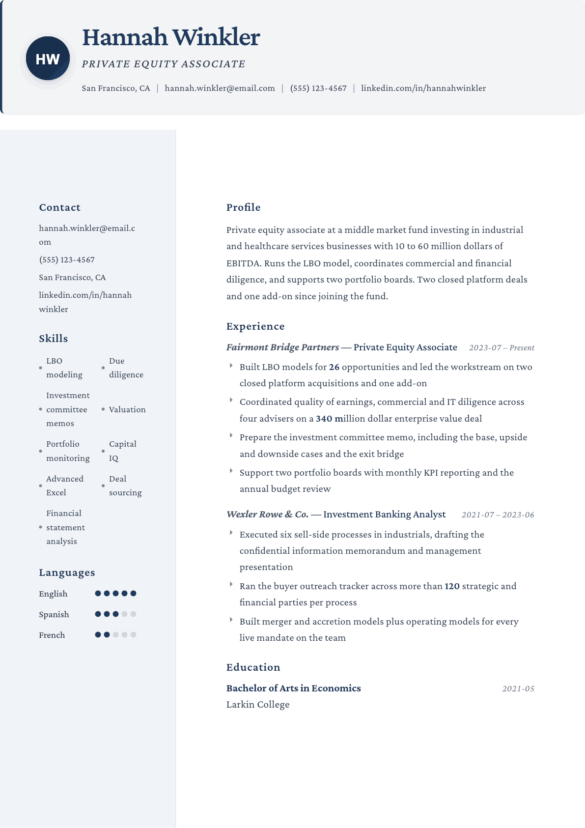 Private Equity Associate resume example, Formal template