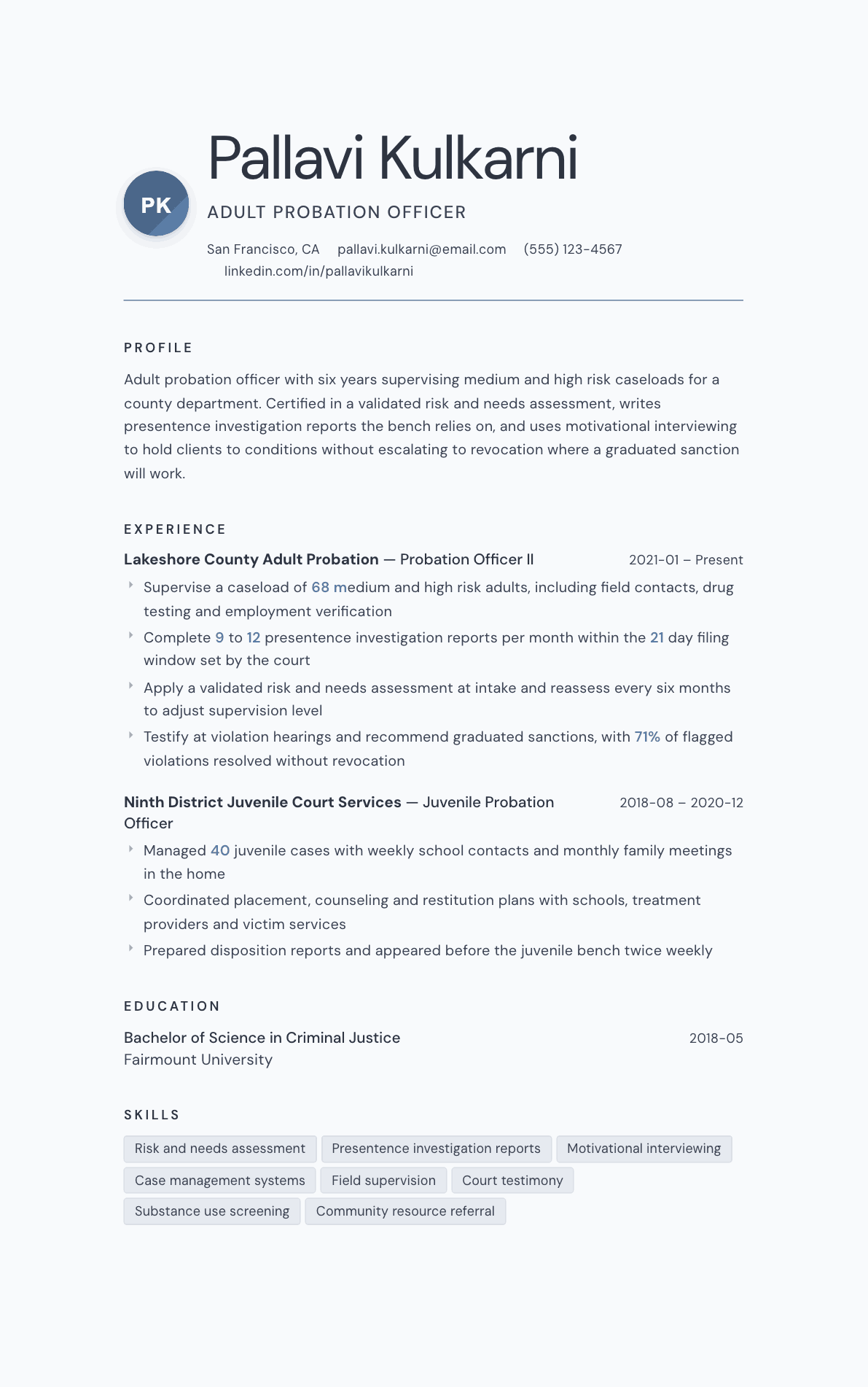 Probation Officer resume example, Nordic template