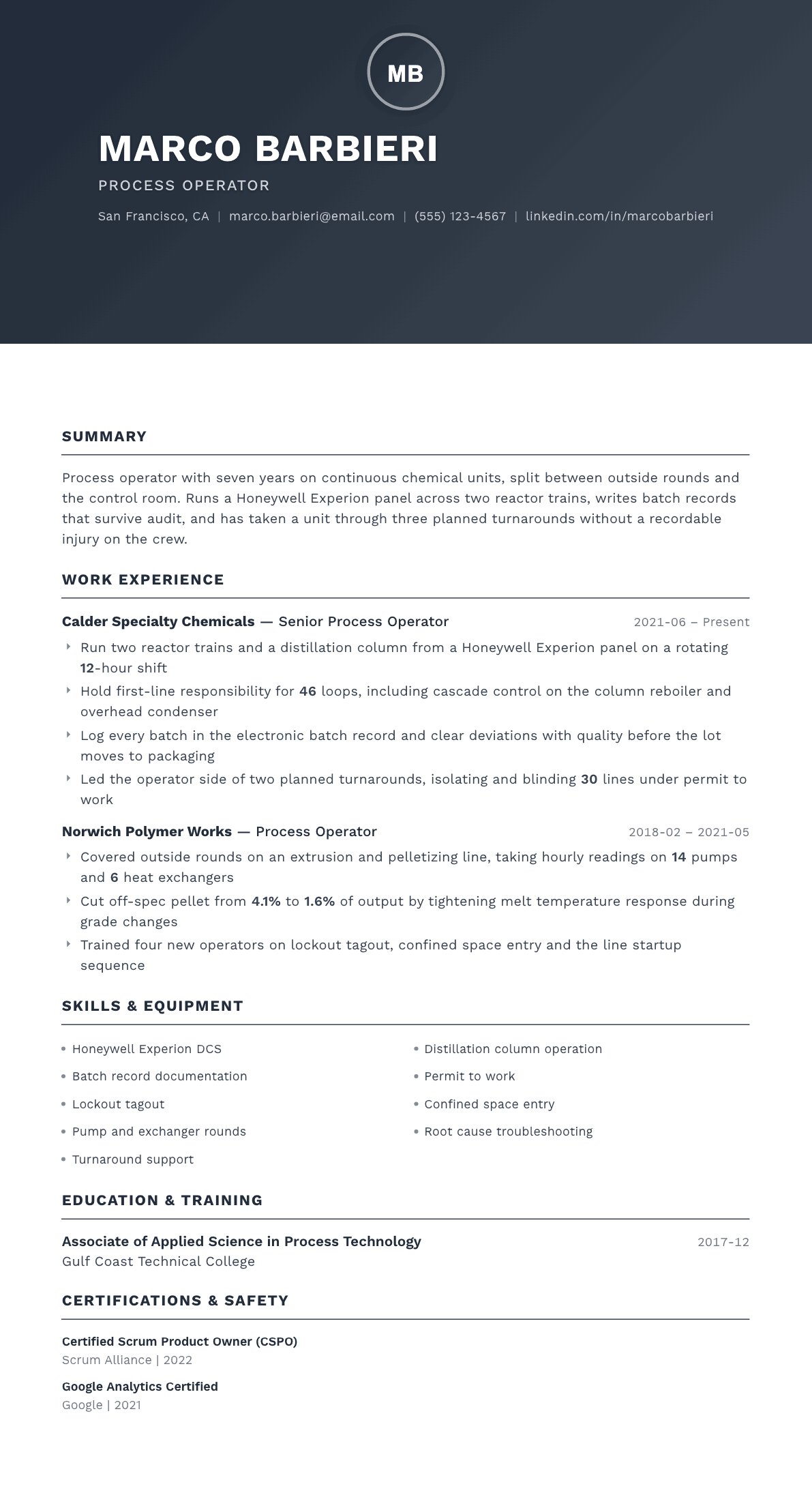 Process Operator resume example, Foundation template