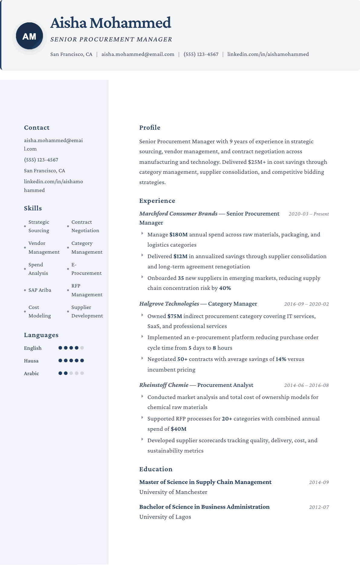 Procurement Manager resume example, Formal template