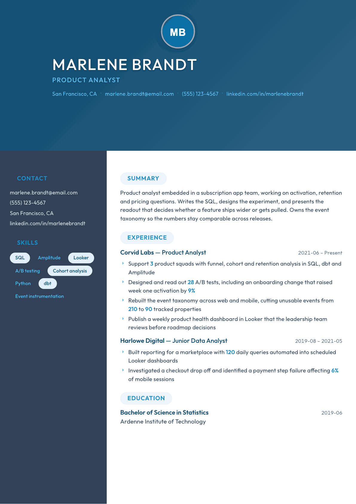 Product Analyst resume example, Nexus template