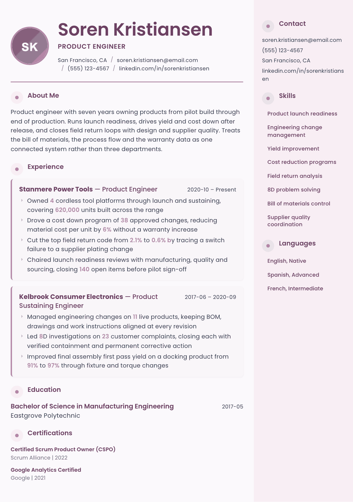 Product Engineer resume example, Bloom template