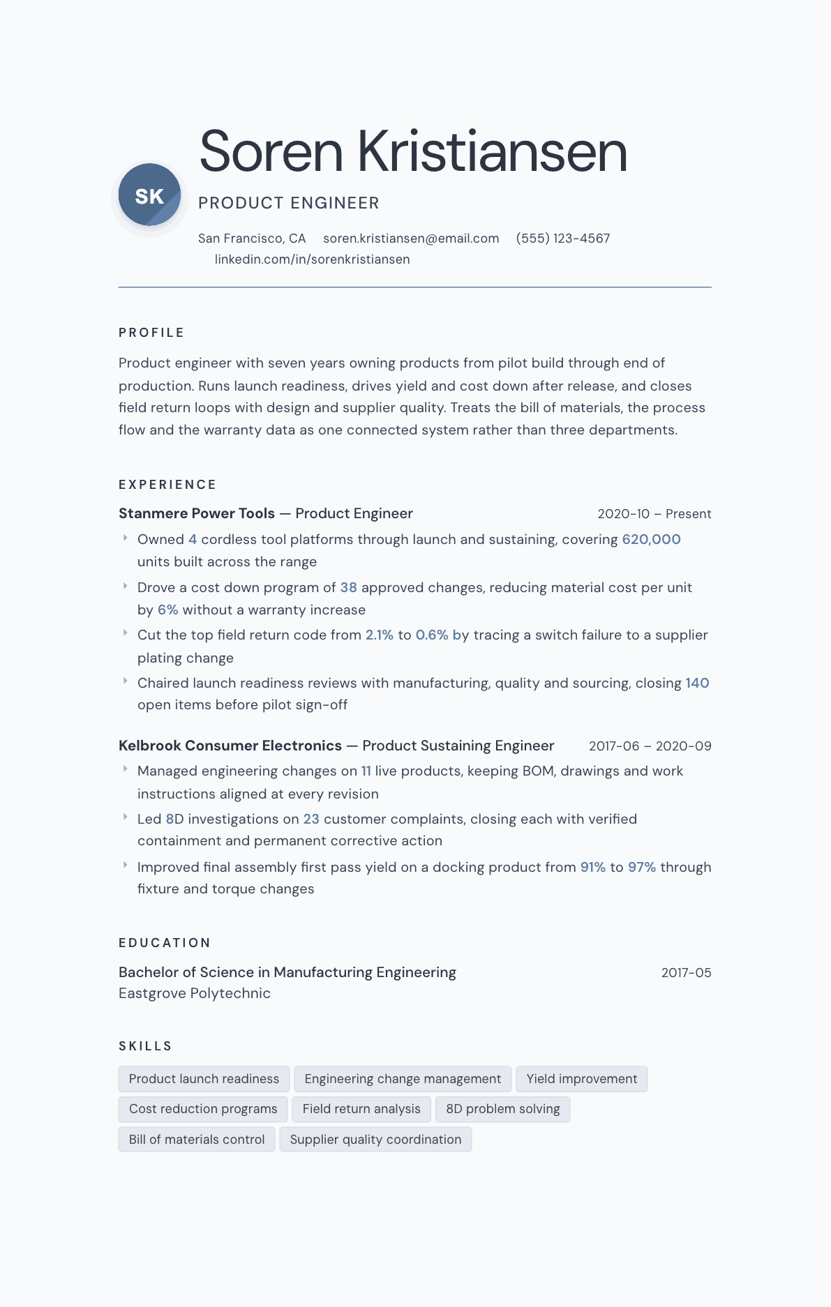 Product Engineer resume example, Nordic template
