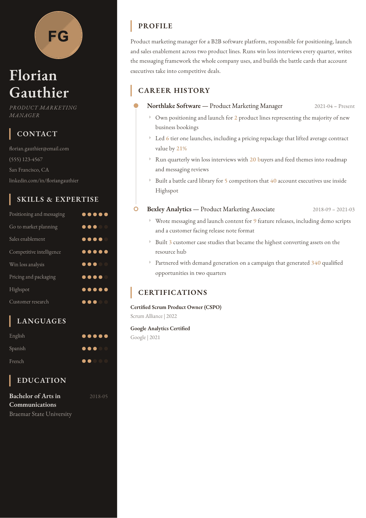 Product Marketing Manager resume example, Heritage template