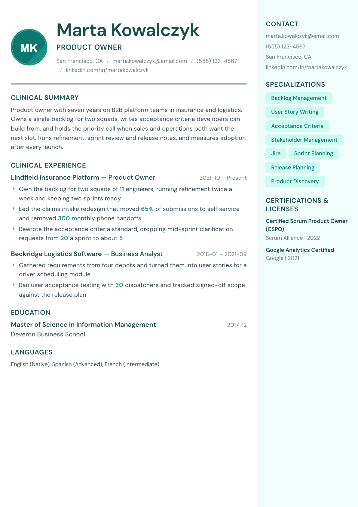 Product Owner resume example, Remedy template