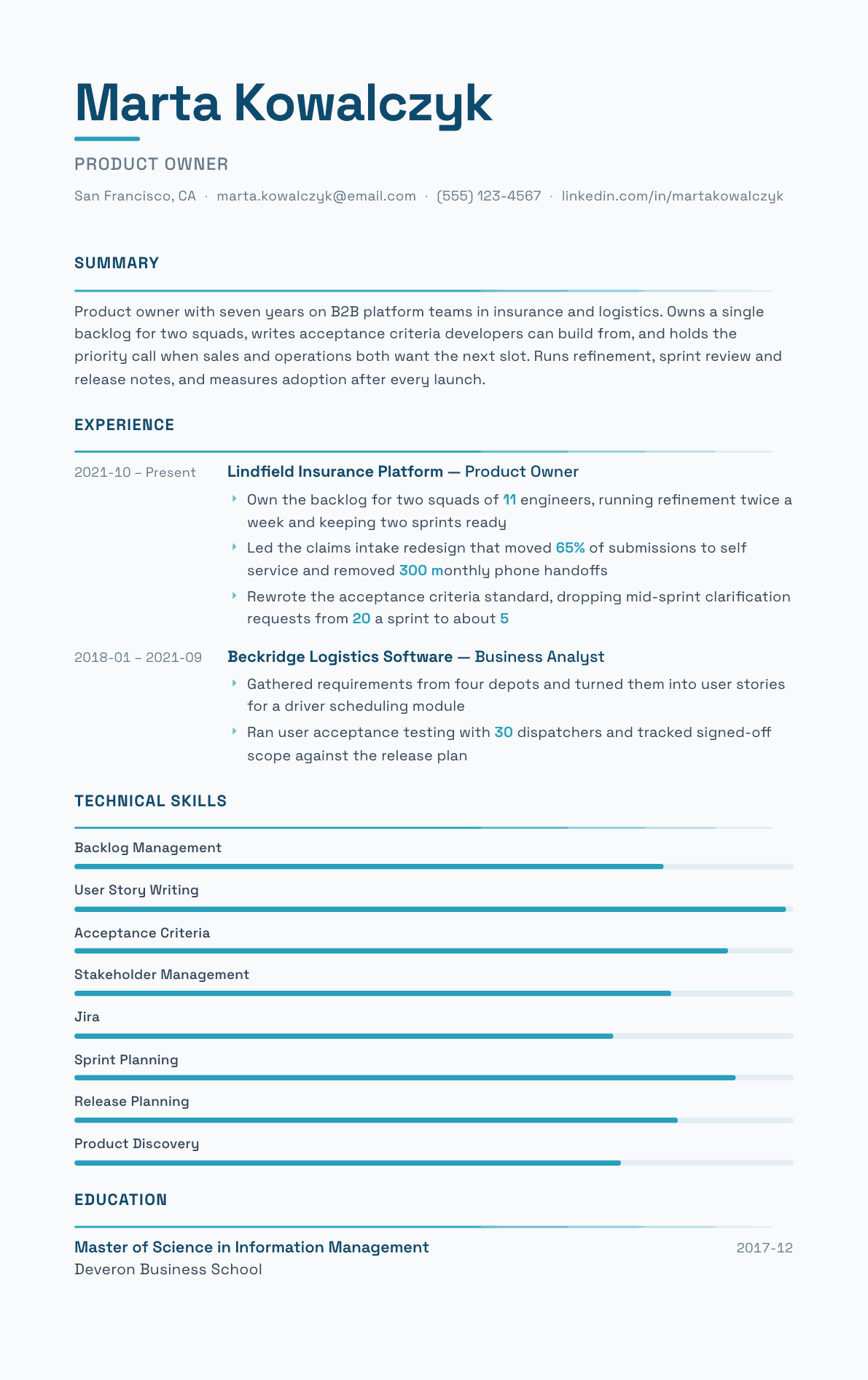 Product Owner resume example, Velocity template