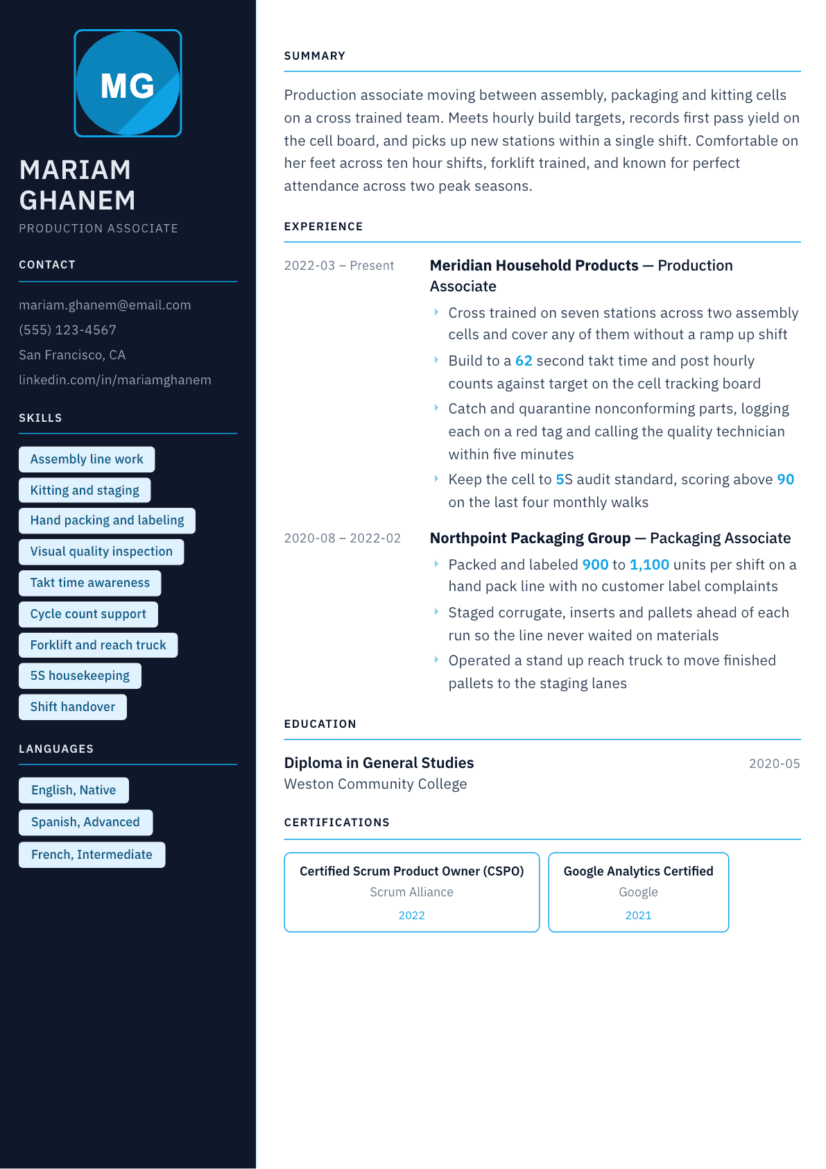 Production Associate resume example, Everest template