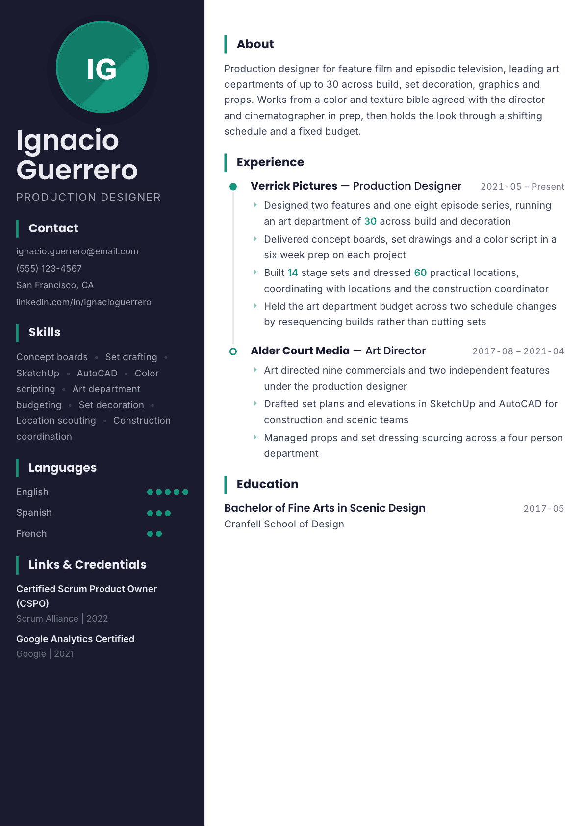 Production Designer resume example, Bapak template