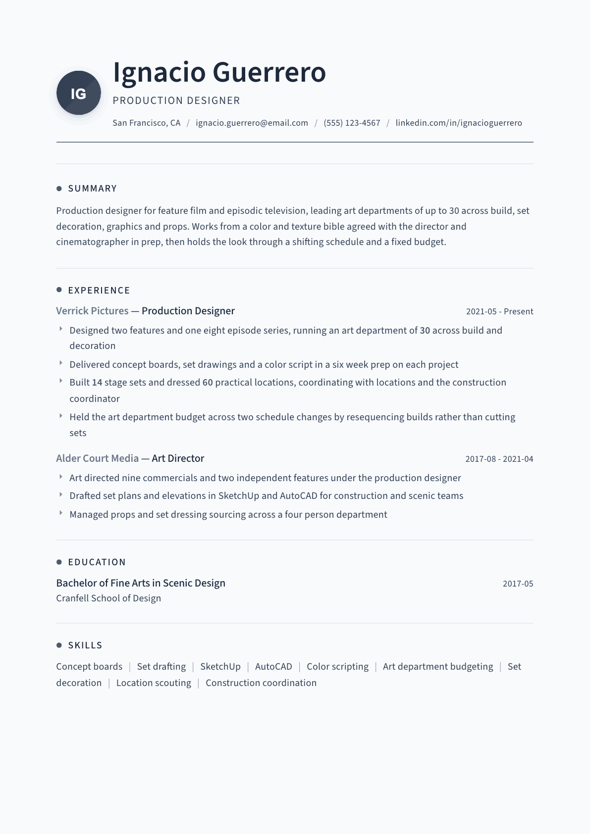 Production Designer resume example, Thread template