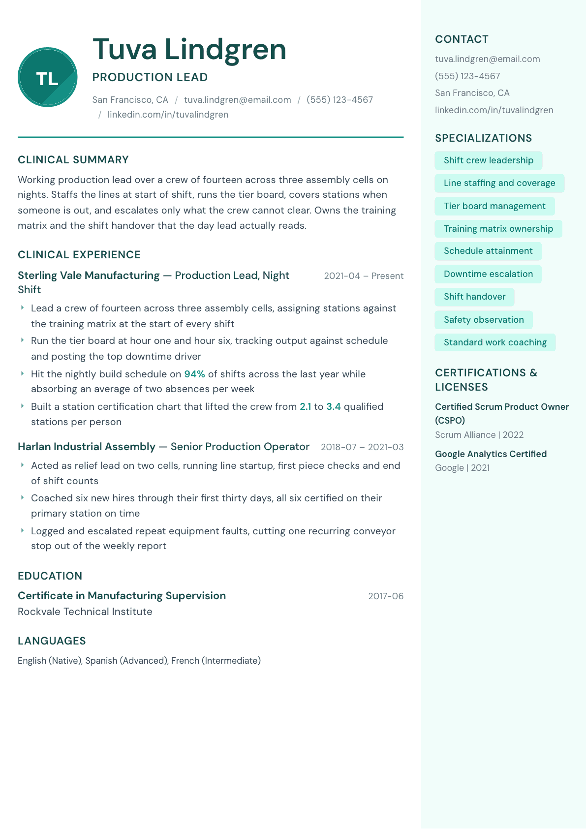 Production Lead resume example, Remedy template
