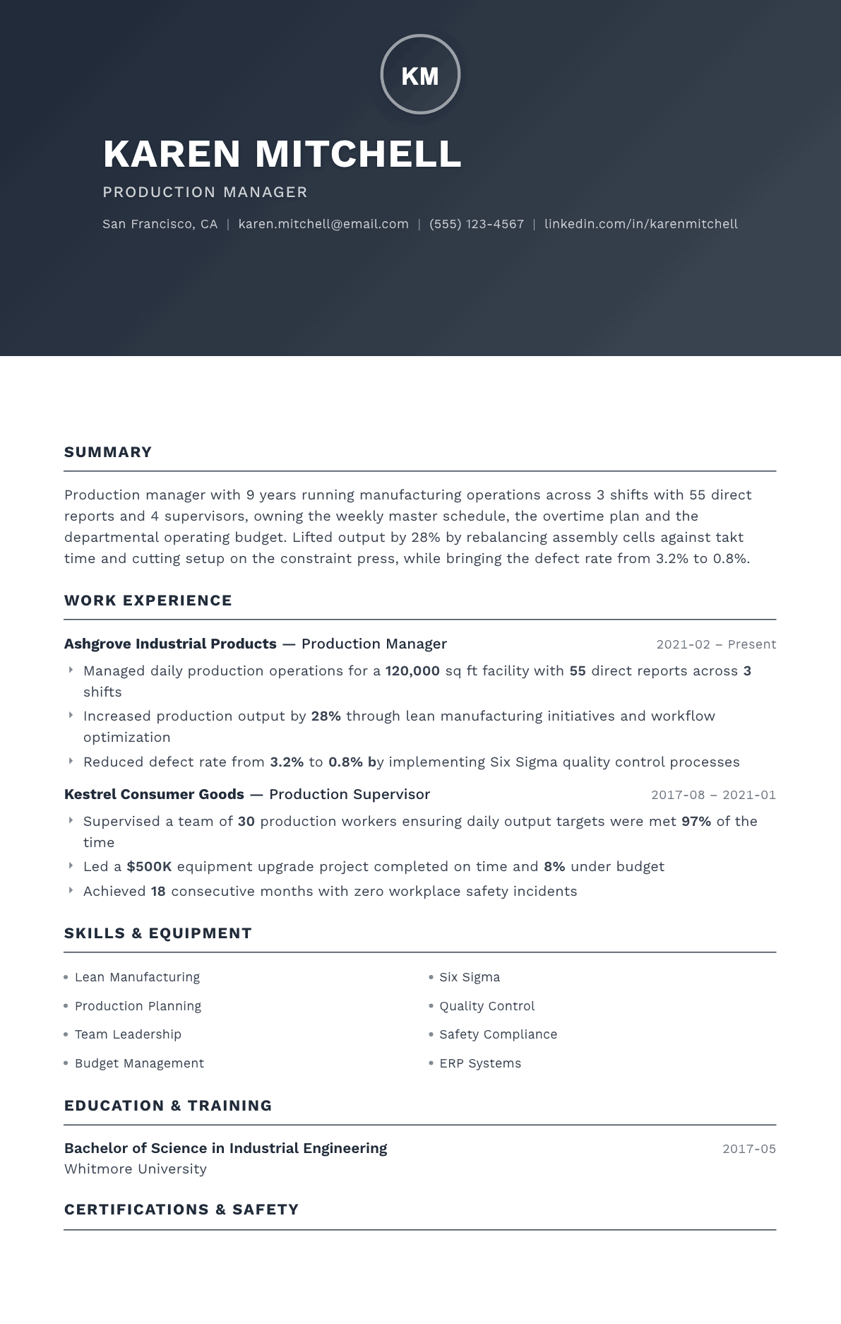 Production Manager resume example, Foundation template