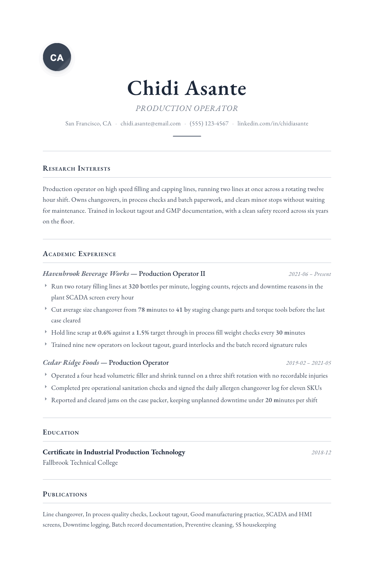 Production Operator resume example, Scholar template