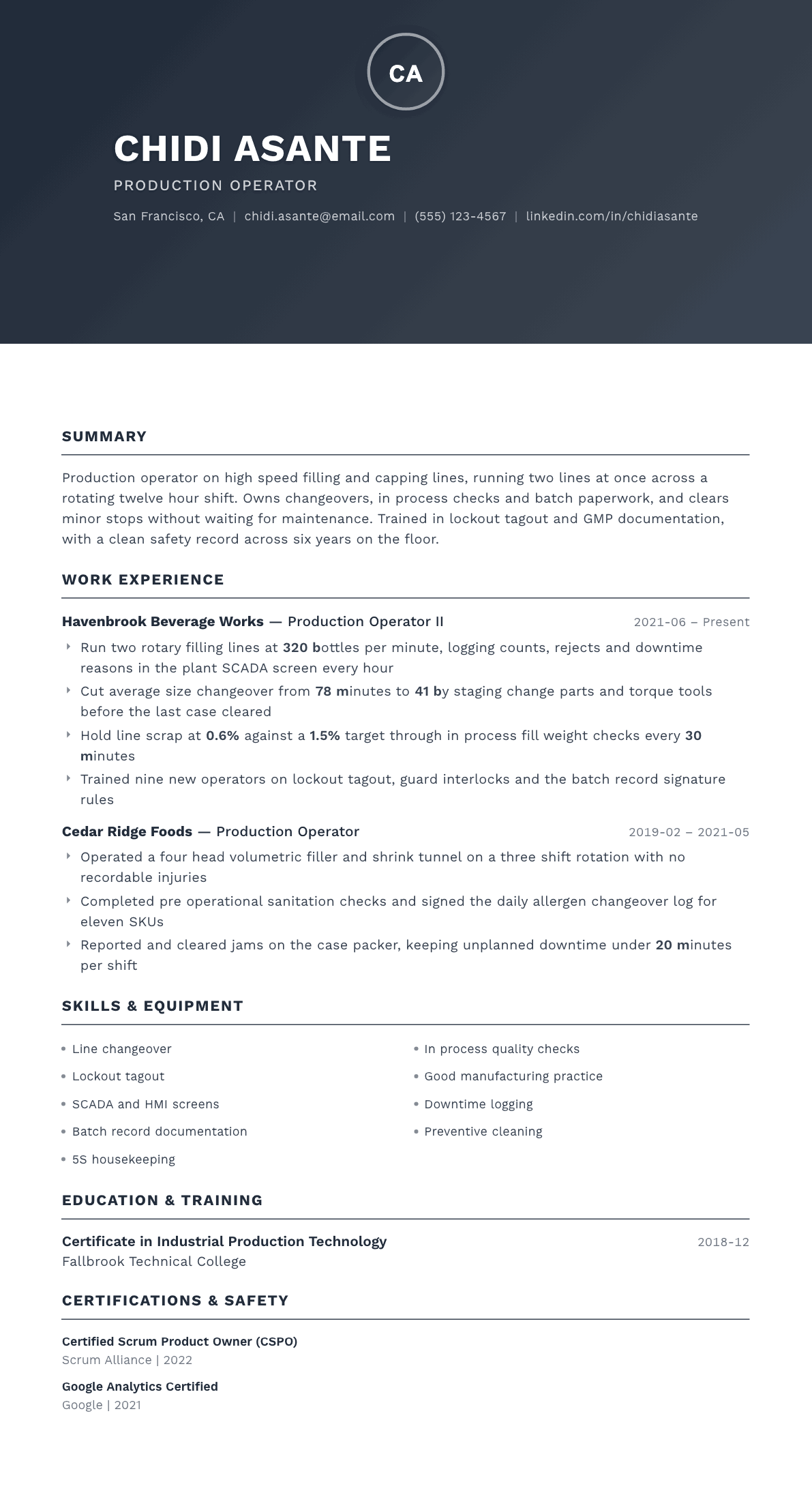 Production Operator resume example, Foundation template