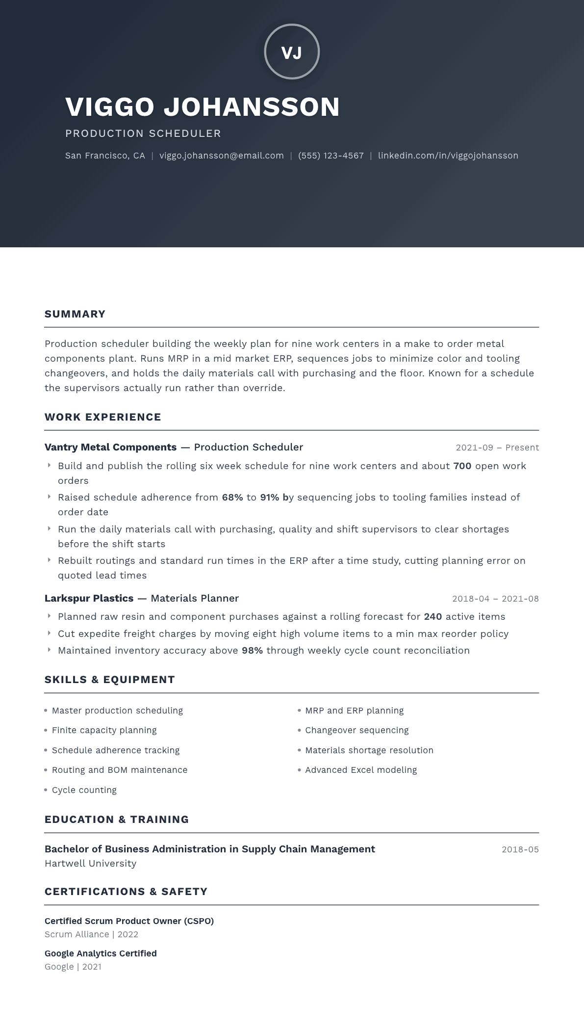Production Scheduler resume example, Foundation template