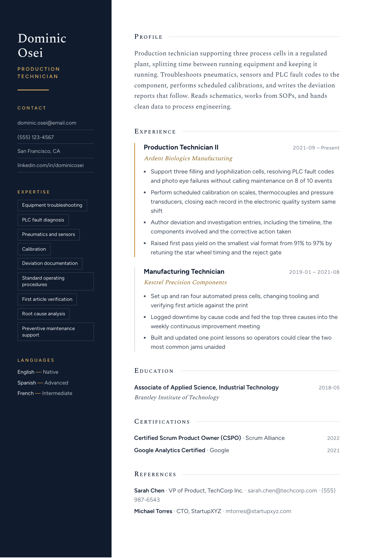 Production Technician resume example, Nocturne template