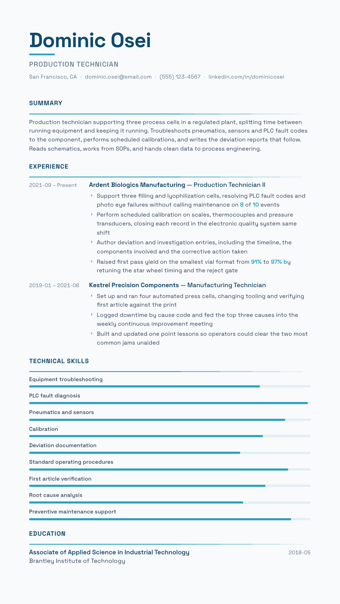 Production Technician resume example, Velocity template