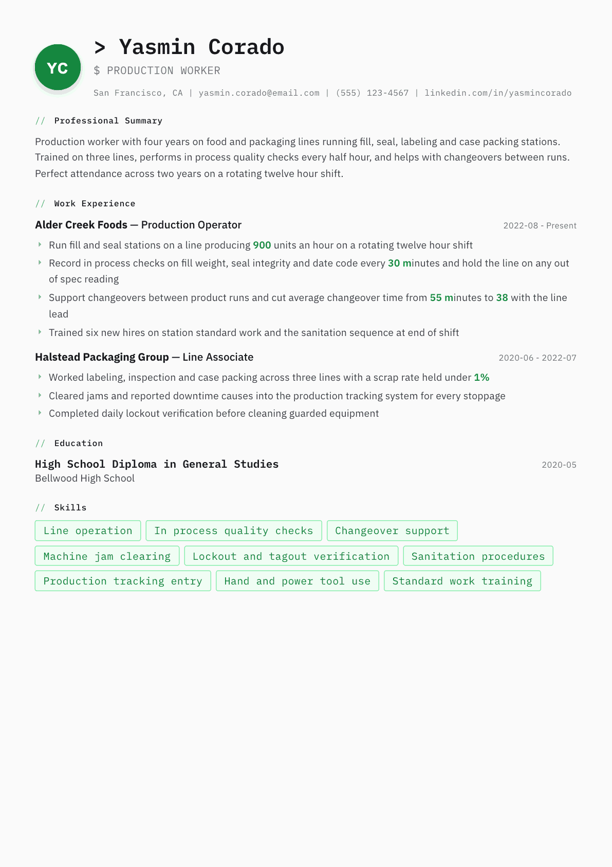 Production Worker resume example, Amsterdam template