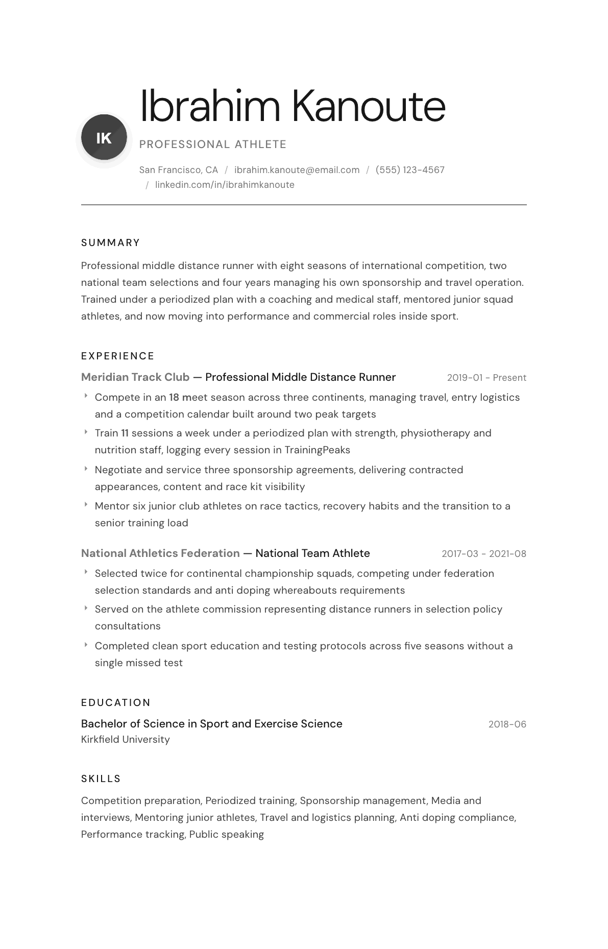 Professional Athlete resume example, Whisper template