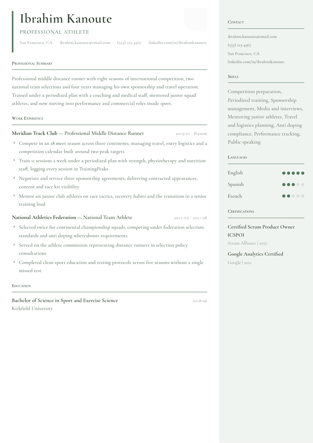 Professional Athlete resume example, Copenhagen template