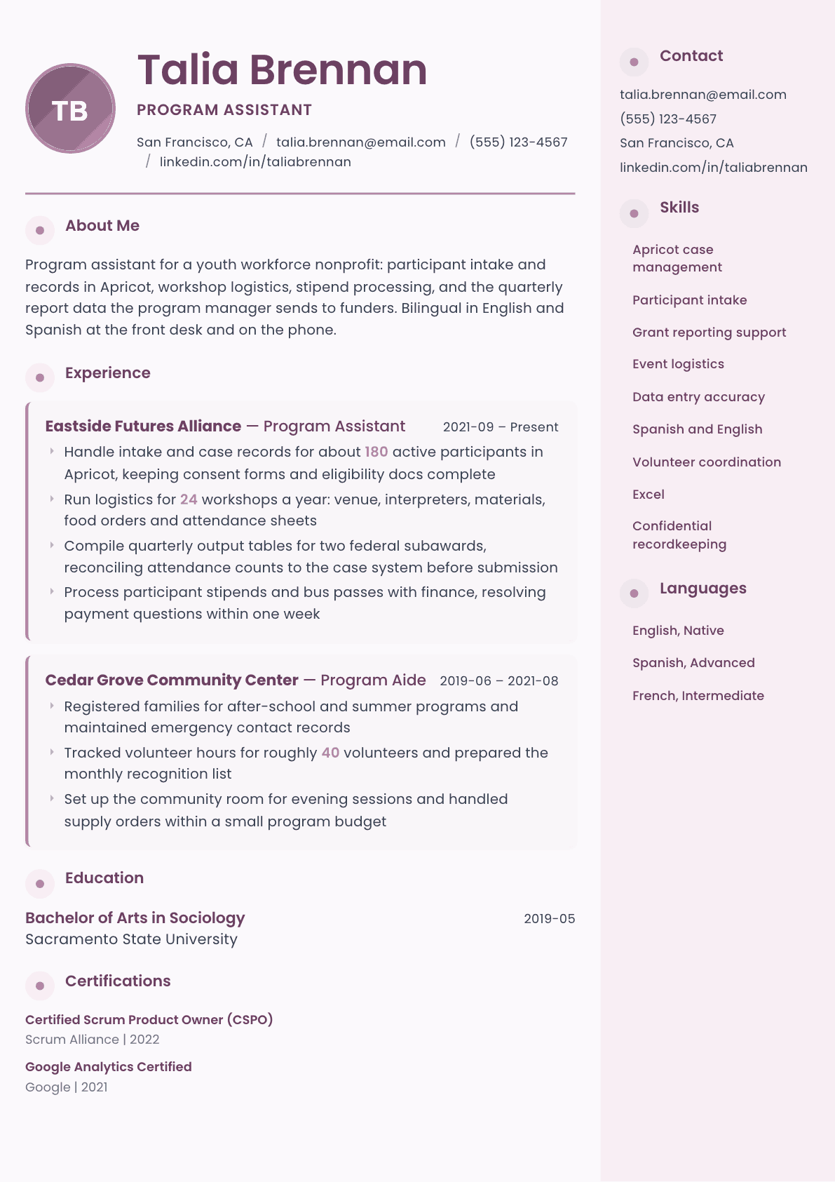 Program Assistant resume example, Bloom template